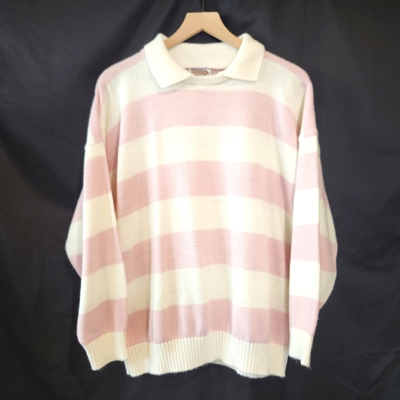 VTG Fortune Knits Collared Sweater Size XL Pink Cream Stripe Crew Preppy Retro - Picture 1 of 5